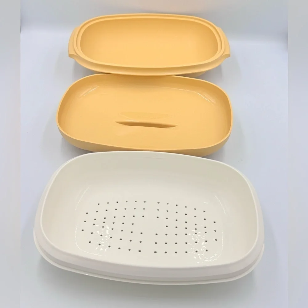 Vintage Tupperware Harvest Gold 3pc Microwave Vegetable Steamer